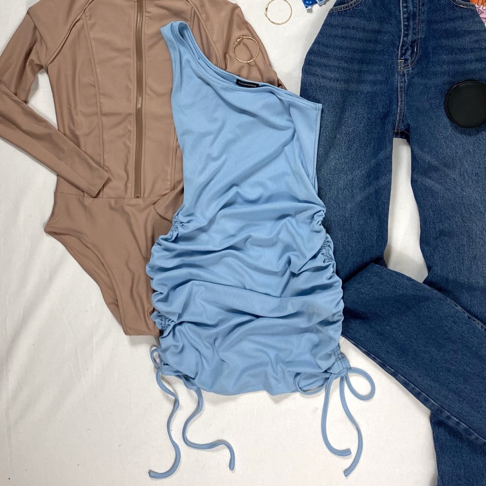 Blue Single Shoulder Drawstring Rib-knit Dress